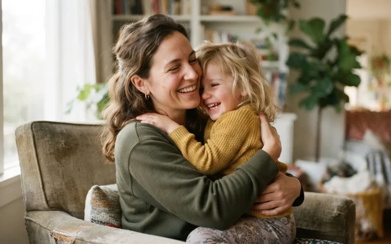 a mother and child embracing warmly