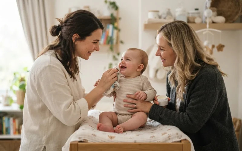 two women caring for a baby together