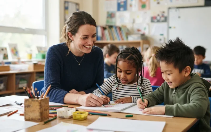 a female teacher smiling at a classroom desk with young children