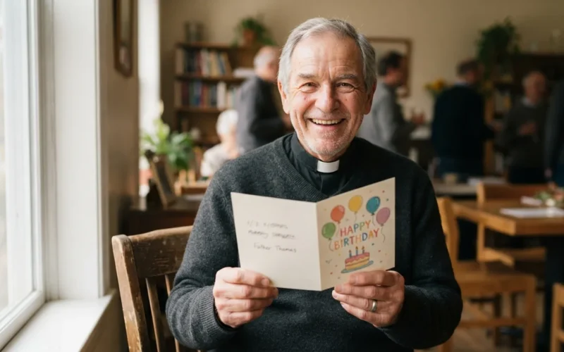 a smiling priest holding a birthday card