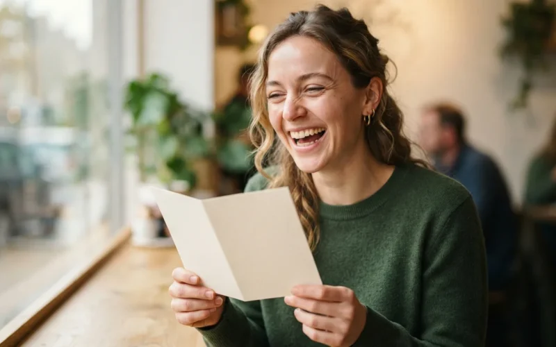 a person laughing while holding a greeting card