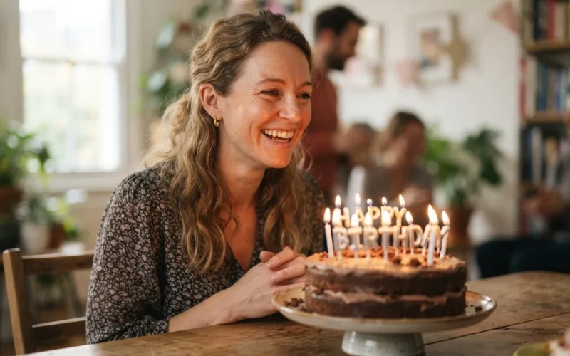 a woman smiling with a birthday cake and candles