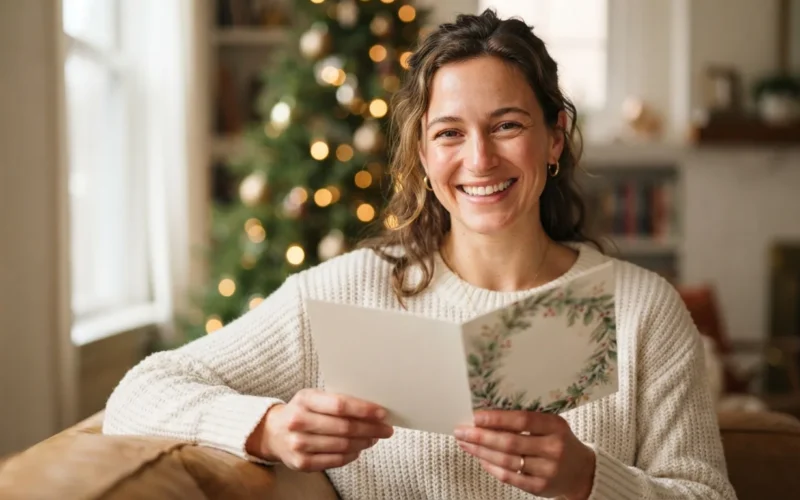 a smiling person holding a festive greeting card