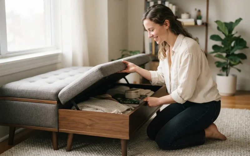 a person using a piece of furniture that reveals hidden storage