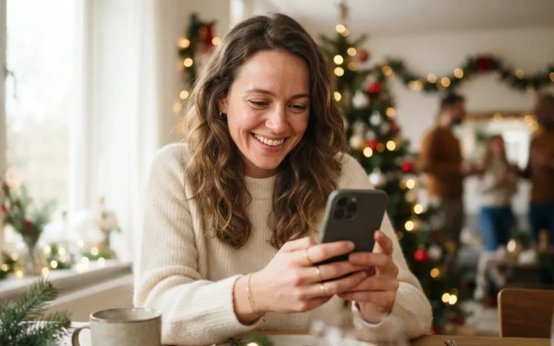 a person smiling at a smartphone with festive decorations
