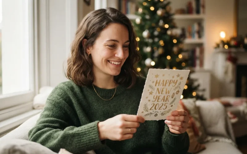 a person holding a festive New Year card