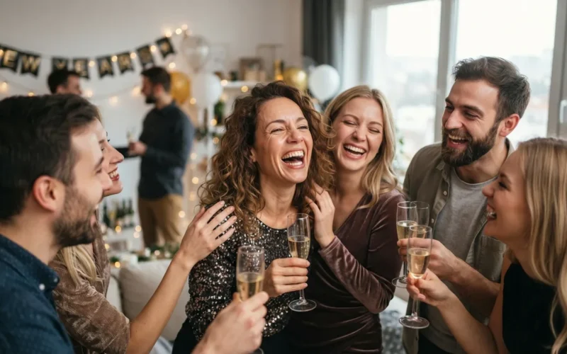 a group of friends laughing and celebrating at a New Year's party