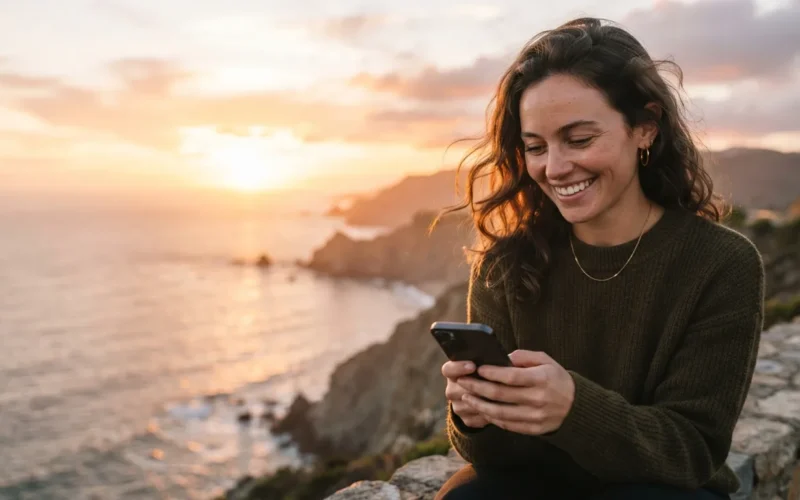 a person smiling while looking at a phone with a sunrise in the background
