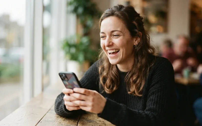 a person smiling and laughing while looking at a phone or computer screen