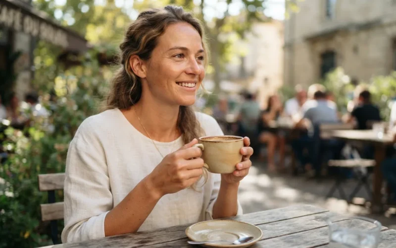 a person holding a cup of coffee on a sunny morning
