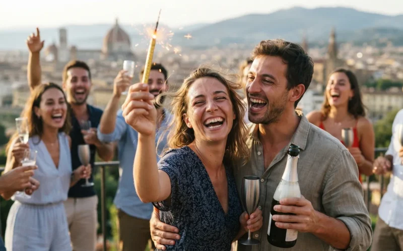 people celebrating with fireworks and champagne