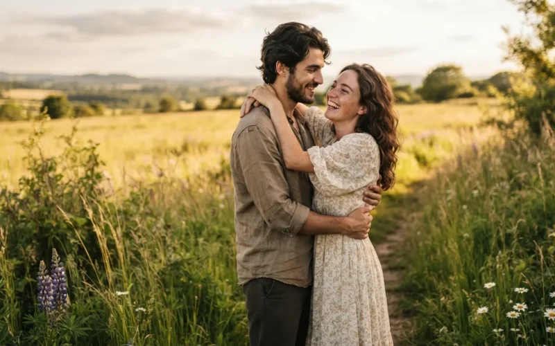 a smiling couple embracing in a sunlit field