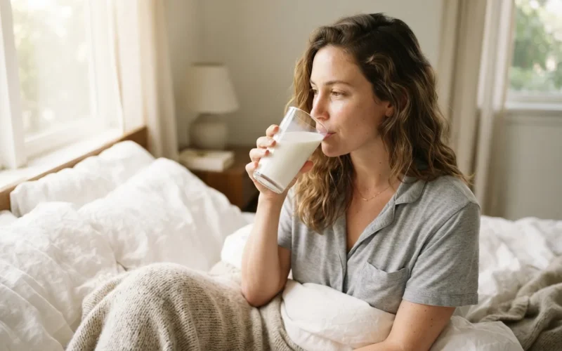 a person drinking a glass of milk in bed
