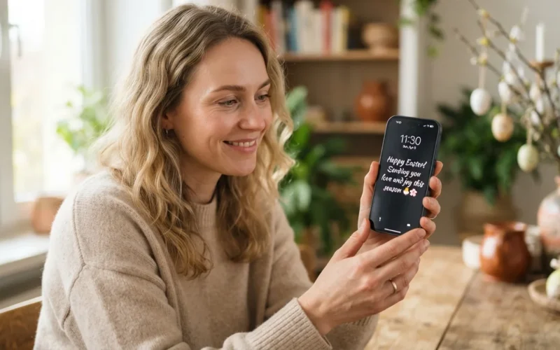 a person holding a smartphone displaying an Easter greeting