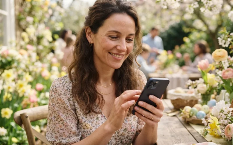 a person holding a smartphone with a floral Easter background