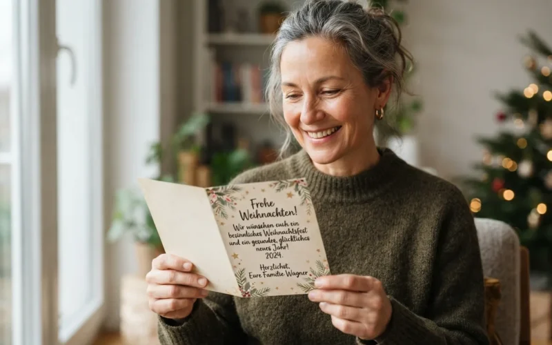 a person holding a Christmas card with German text