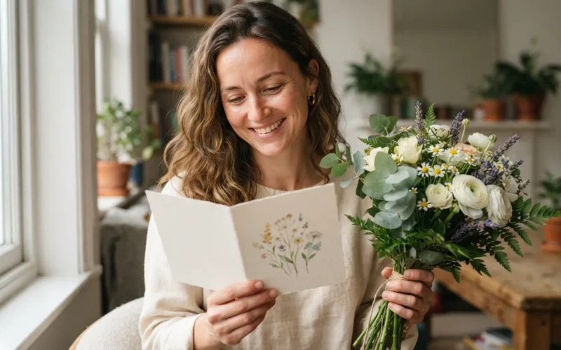a woman holding a greeting card with flowers