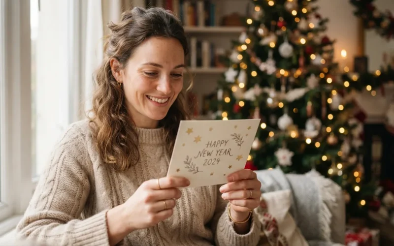 a person holding a decorative New Year card with festive lights in the background