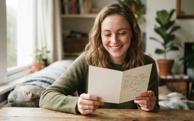 a person smiling while reading a greeting card