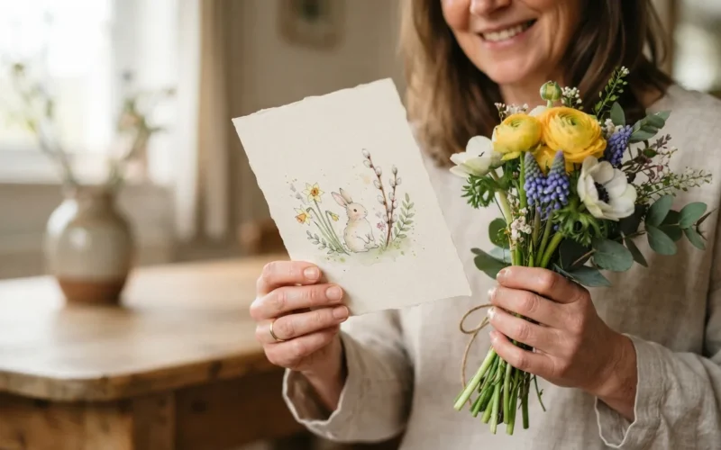 a person holding a decorated Easter card with spring flowers