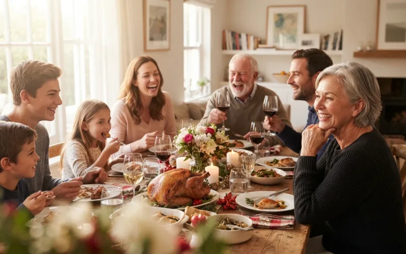 a family gathered around a festive dinner table