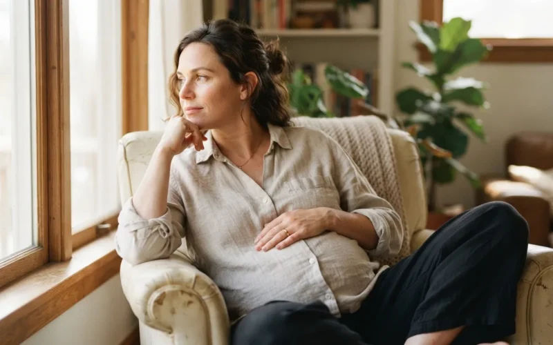 a pregnant woman resting thoughtfully