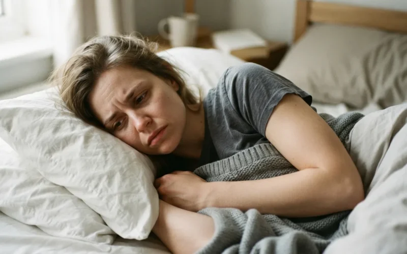 a woman lying in bed looking uncomfortable