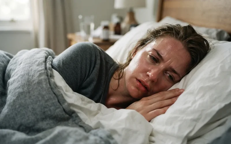 a woman lying in bed, looking uncomfortable, with sweat on her forehead