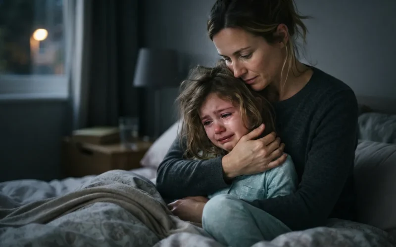 a parent comforting a child in bed at night