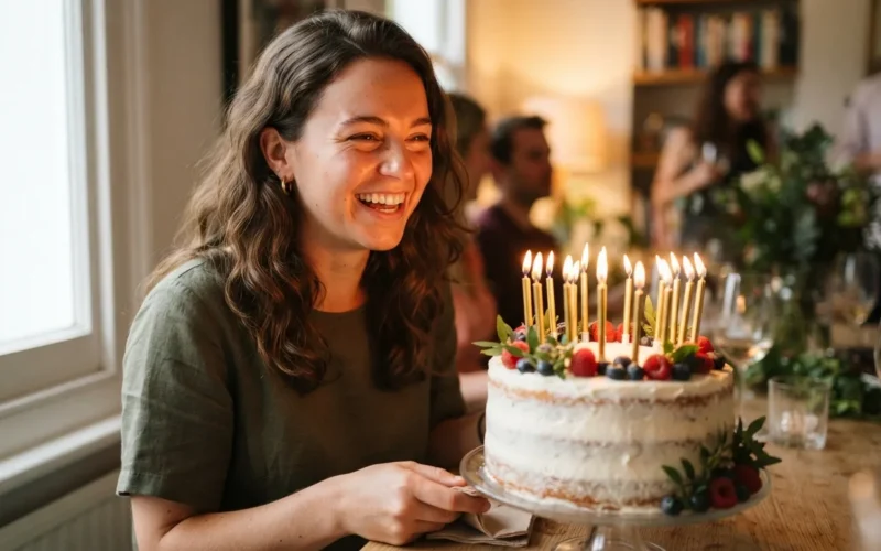 a young woman smiling near a birthday cake with candles