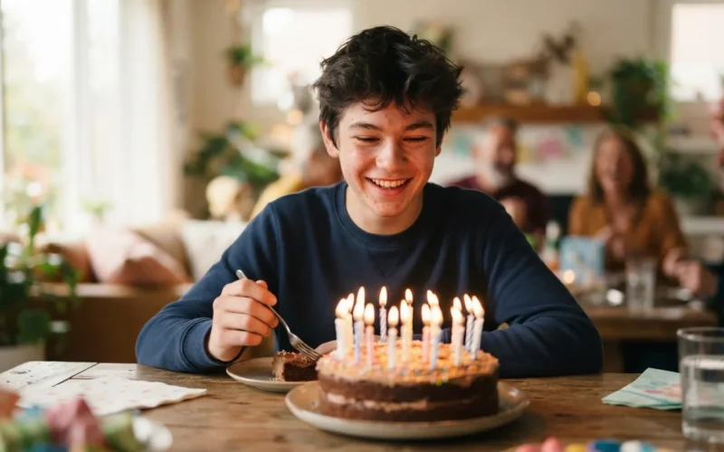 a teenage boy smiling with a birthday cake
