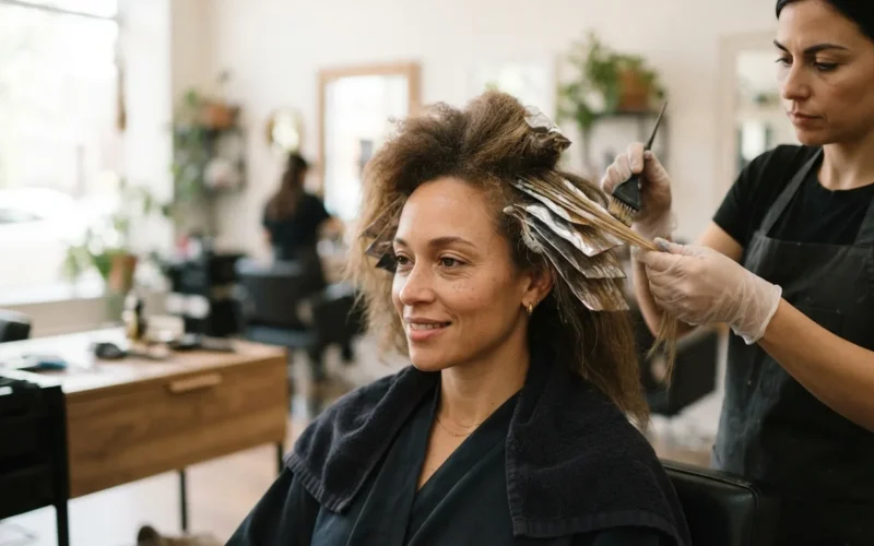 a woman having her hair colored at a salon