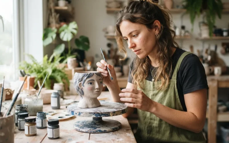 a person painting a ceramic head-shaped flower pot