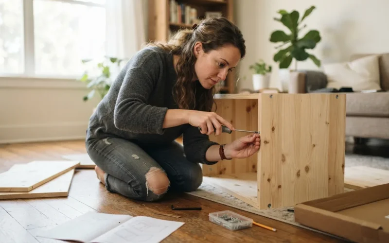 a person assembling a wooden storage cabinet at home