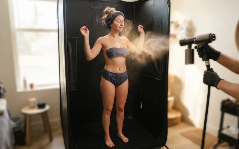 a woman getting a spray tan treatment