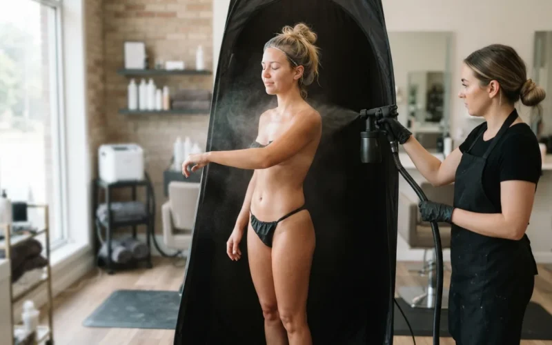 a woman receiving a spray tan in a salon
