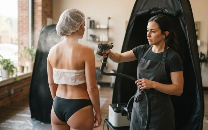 a woman having a spray tan applied by a professional