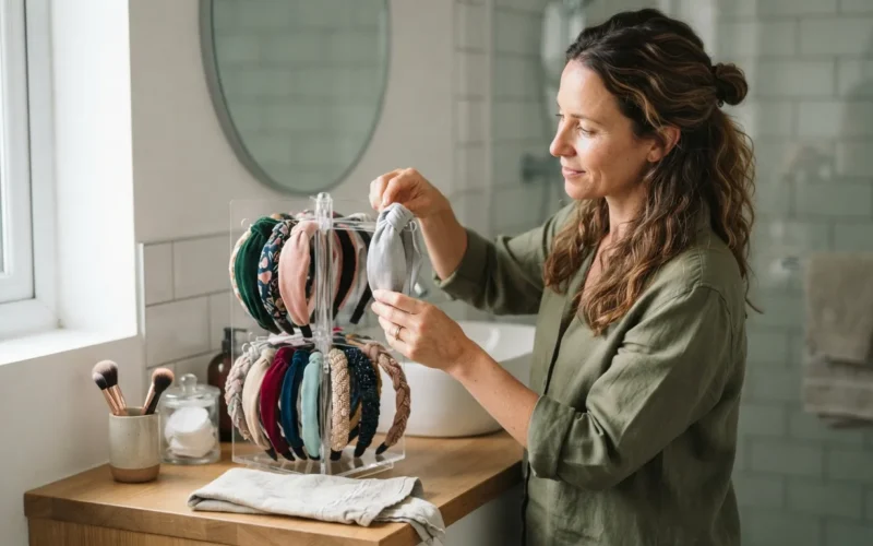 a person arranging headbands on a bathroom organizer