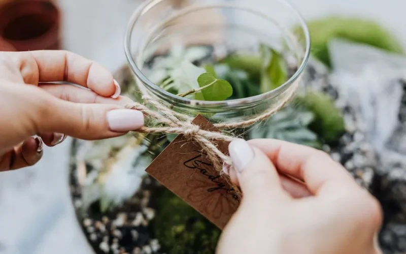 Close-up of hands tying jute rope on a glass terrarium with plants.