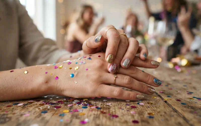 a woman's hands with glittery nail polish and party confetti