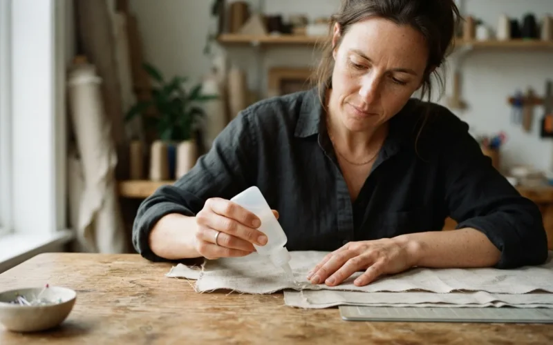 a person applying glue to fabric on a table
