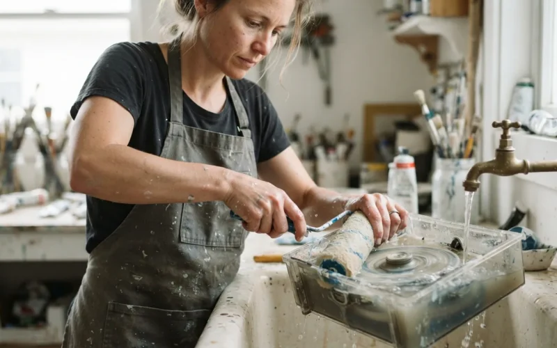 a person cleaning a paint roller or pad in a washer tool