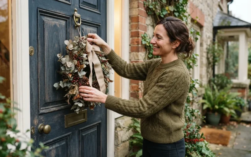 a person hanging a handmade wreath on a front door