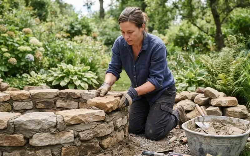 a person building a stone fire pit in a garden