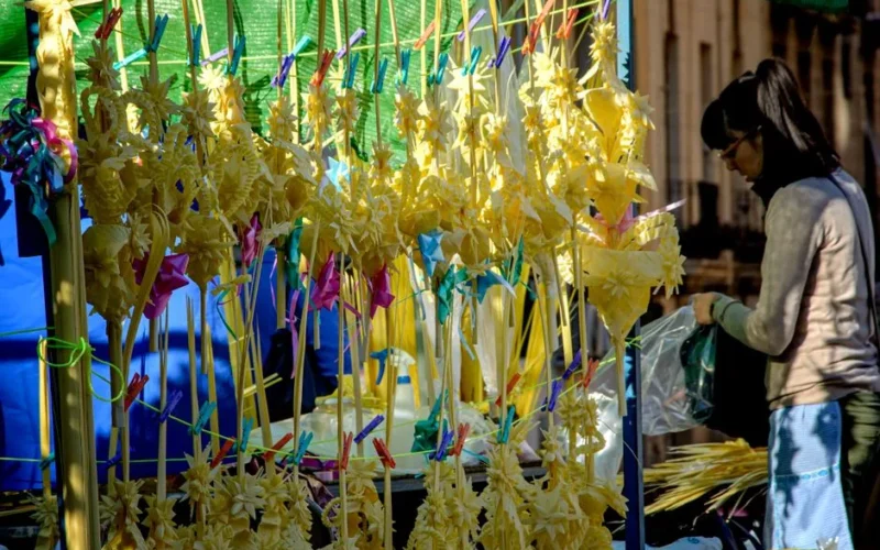 Colorful palm decorations at a local market in Alicante, Spain.