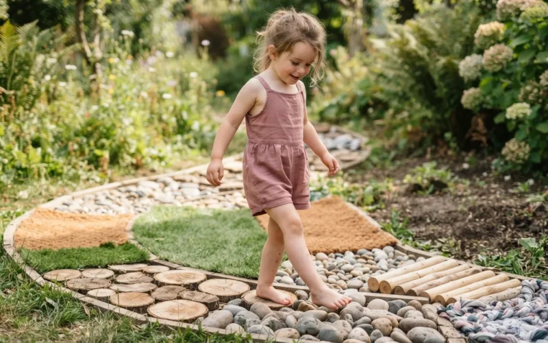 a child walking on a homemade sensory path with different textured surfaces