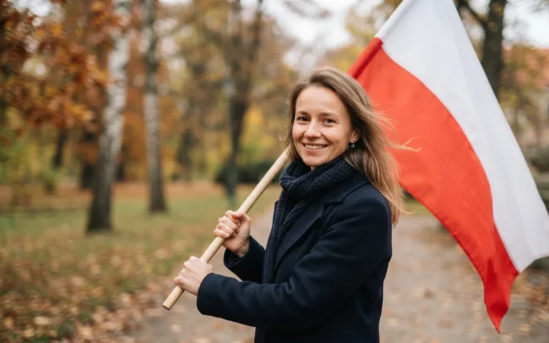 a person holding a red-and-white Polish flag outdoors in autumn