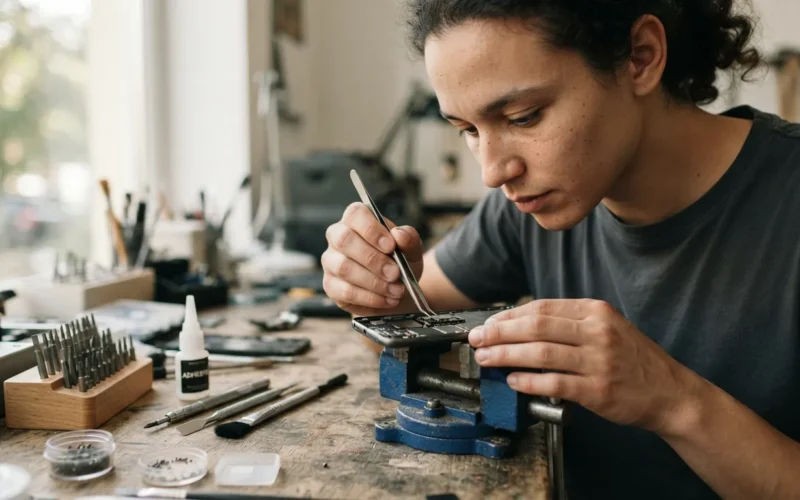 a person repairing a smartphone with tools and glue