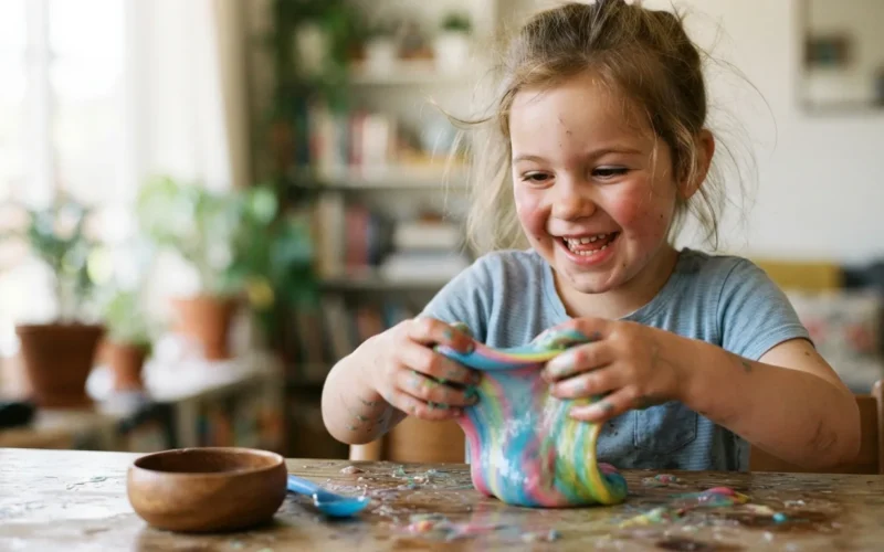 a child playing with colorful slime