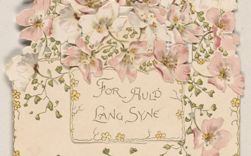 A highly decorative, layered die-cut card, featuring pink and white flowers, with small yellow flowers as a border. Probably circa 1880 to 1910, when the intricate die-cut and embossed floral designs were very popular. Text reads, ‘’“For Auld Lang Syne”’’ and ‘’”With best Wishes for the New Year”’’. It was included in a scrapbook, circa 1890, part of the Boston Children’s Museum Scrapbooks from the American History Collection.